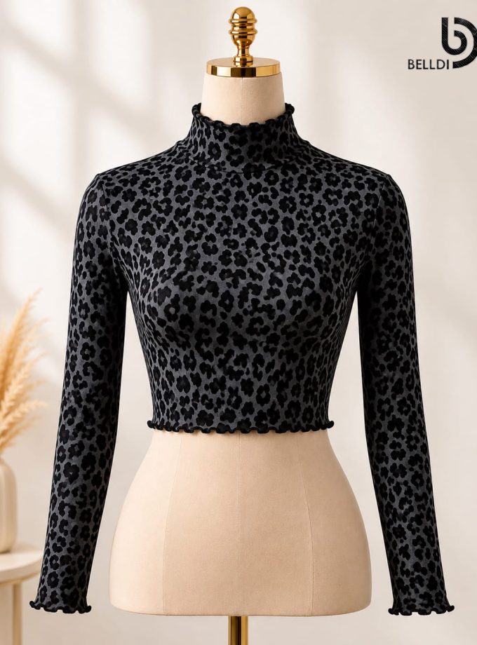 TIGER HIGH NECK LONG SLEEVE ASH COLOUR CROP TOP