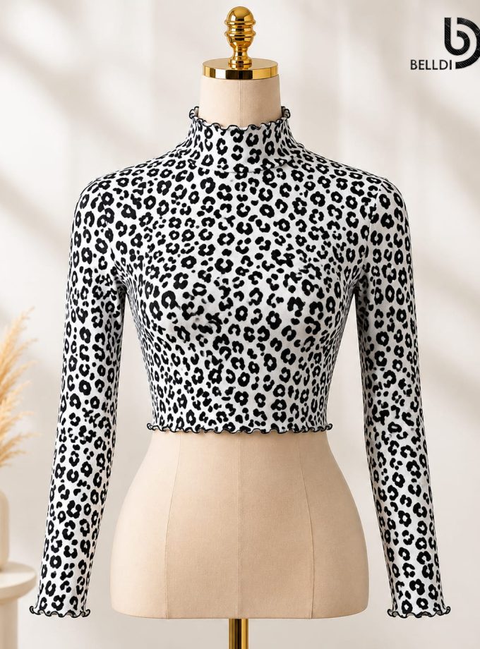 TIGER HIGH NECK LONG SLEEVE WHITE COLOUR CROP TOP