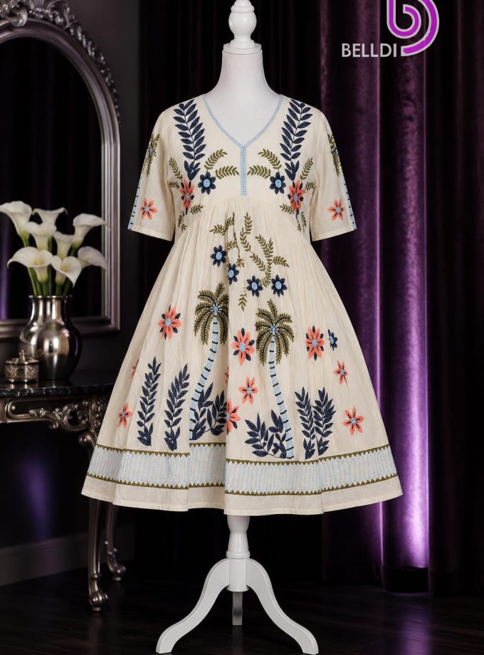 V NECK EMBROIDERED SHORT FROCK