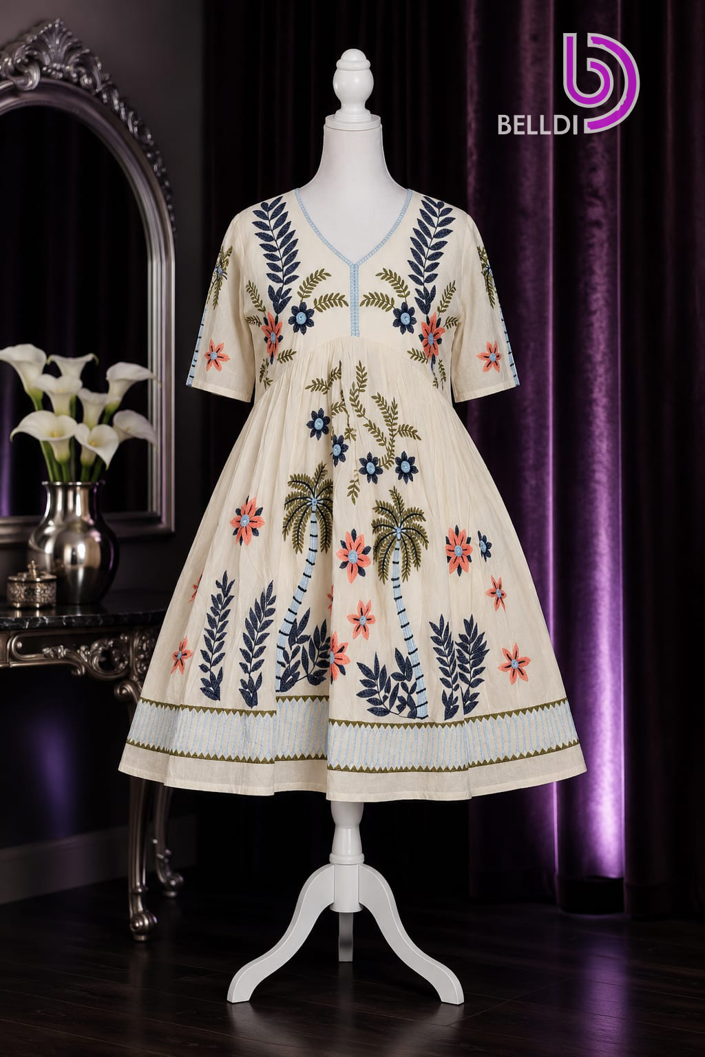 V NECK EMBROIDERED SHORT FROCK