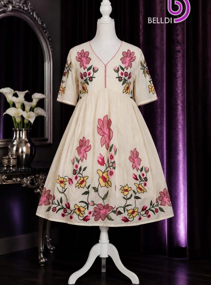 V NECK FLORAL EMBROIDERED SHORT FROCK