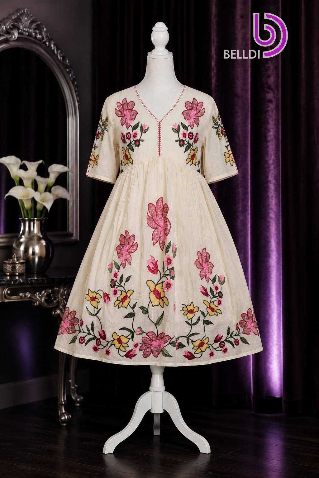 V NECK FLORAL EMBROIDERED SHORT FROCK
