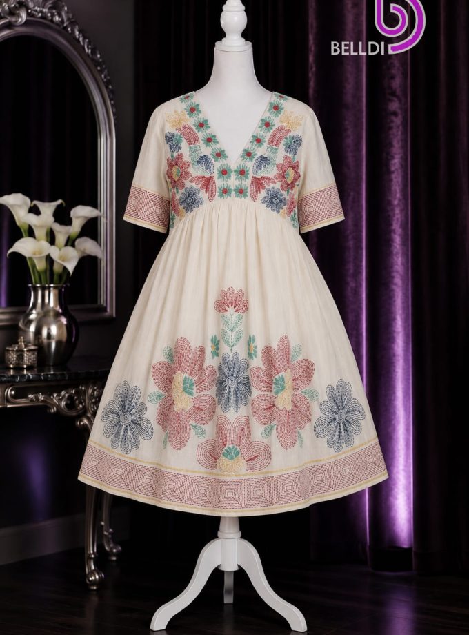 V NECK FLORAL EMBROIDERED SHORT FROCK