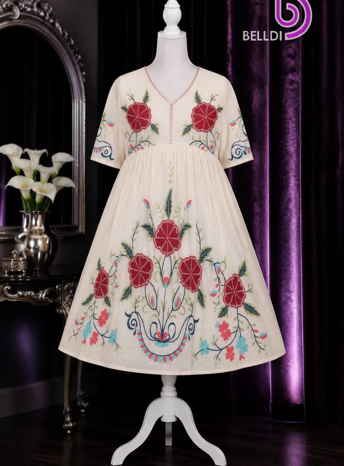 V NECK FLORAL EMBROIDERED SHORT FROCK