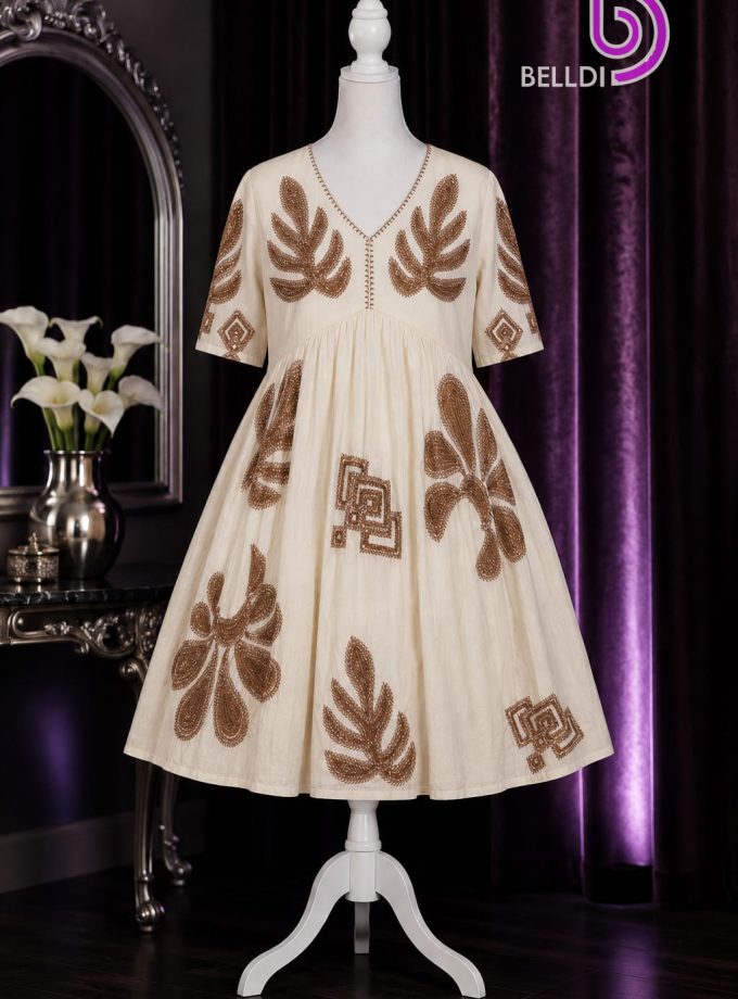 V NECK EMBROIDERED SHORT FROCK