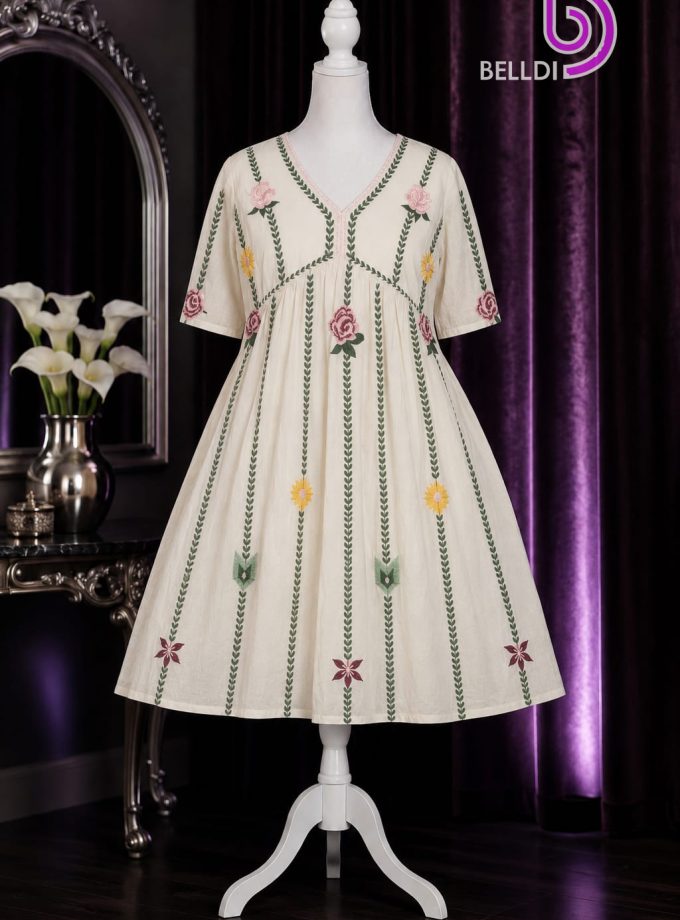 V NECK EMBROIDERED SHORT FROCK