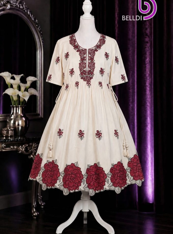V NECK FLORAL EMBROIDERED SHORT FROCK