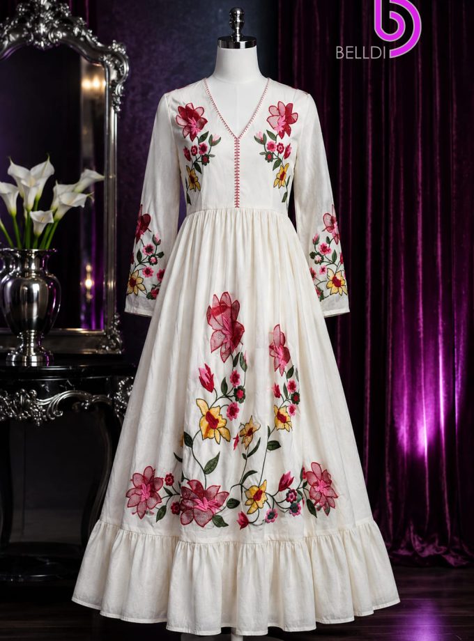 V NECK EMBROIDERED LONG FROCK