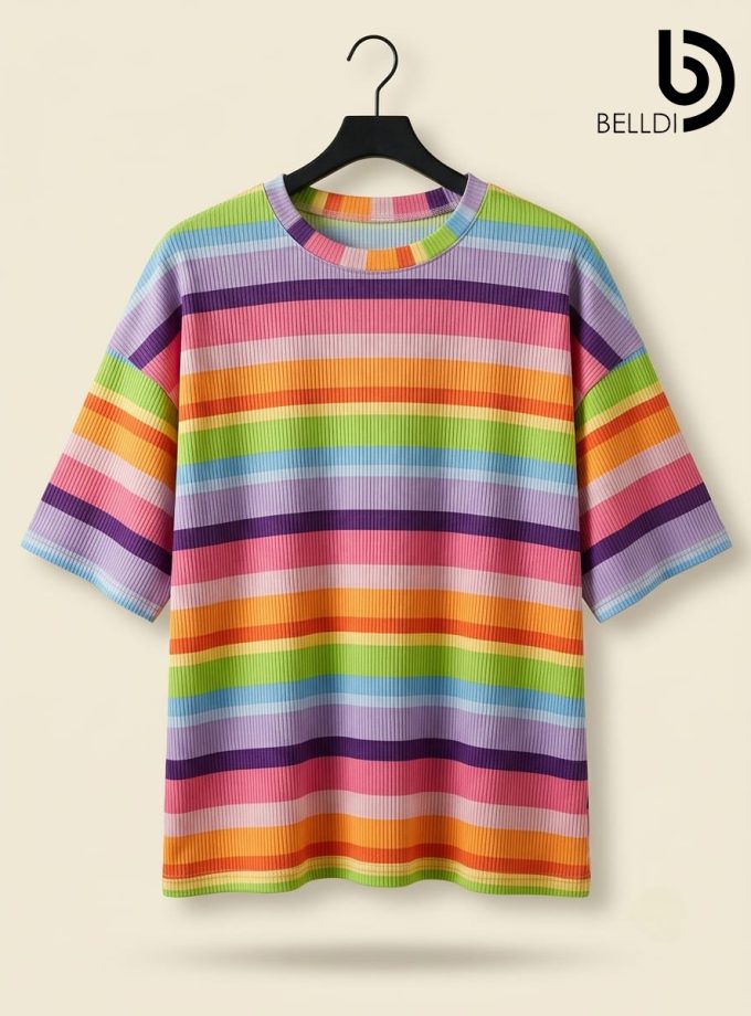 STRIPED RAINBOW OVERSIZED CREW NECK T-SHIRT