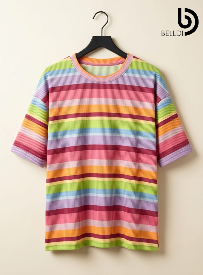 STRIPED RAINBOW OVERSIZED CREW NECK T-SHIRT