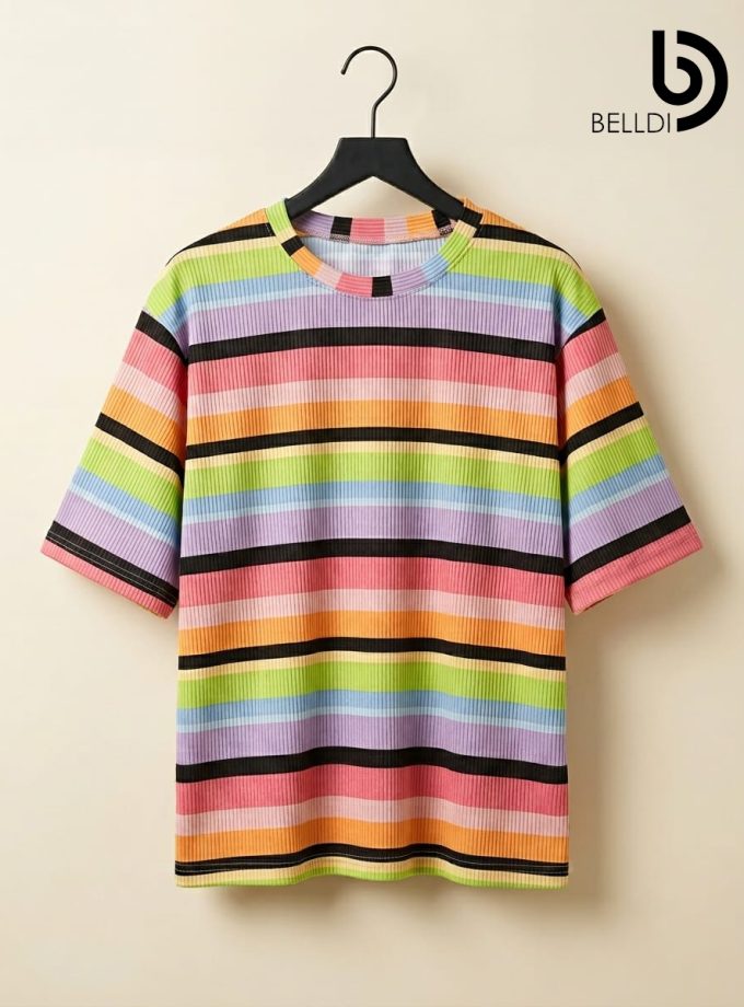 STRIPED RAINBOW OVERSIZED CREW NECK T-SHIRT