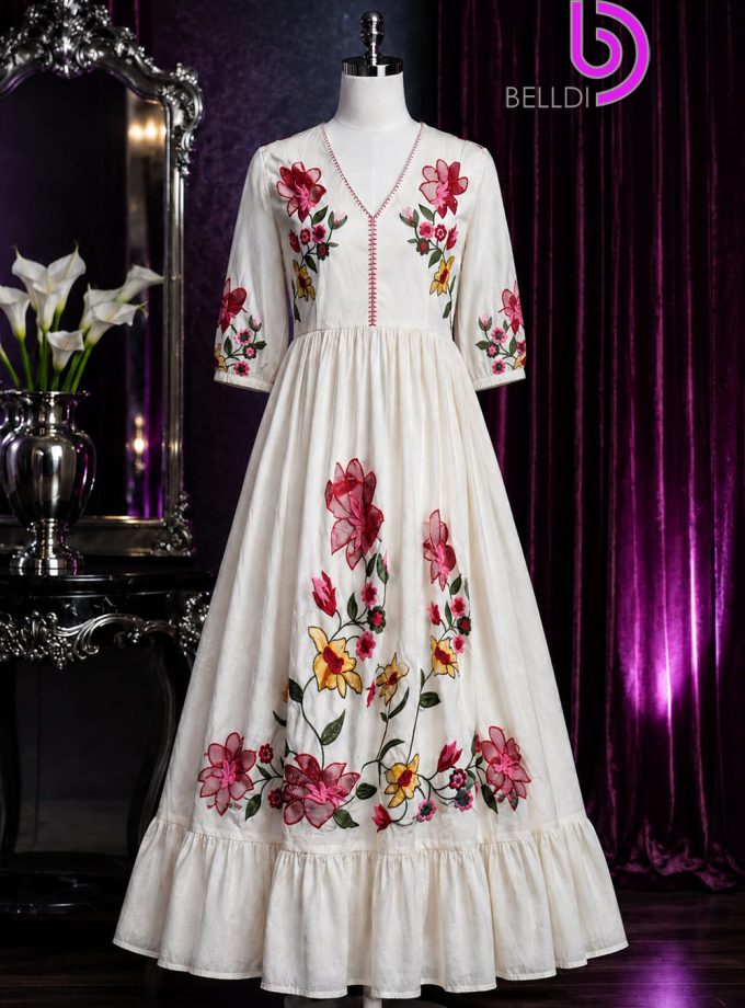 V NECK EMBROIDERED LONG FROCK