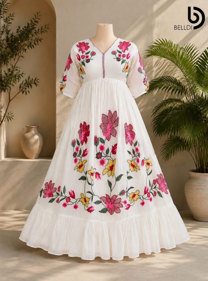 V NECK EMBROIDERED INDIAN LONG FROCK