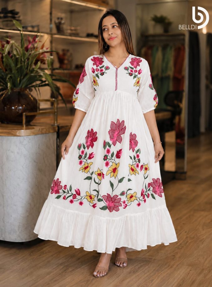 V NECK EMBROIDERED INDIAN LONG FROCK