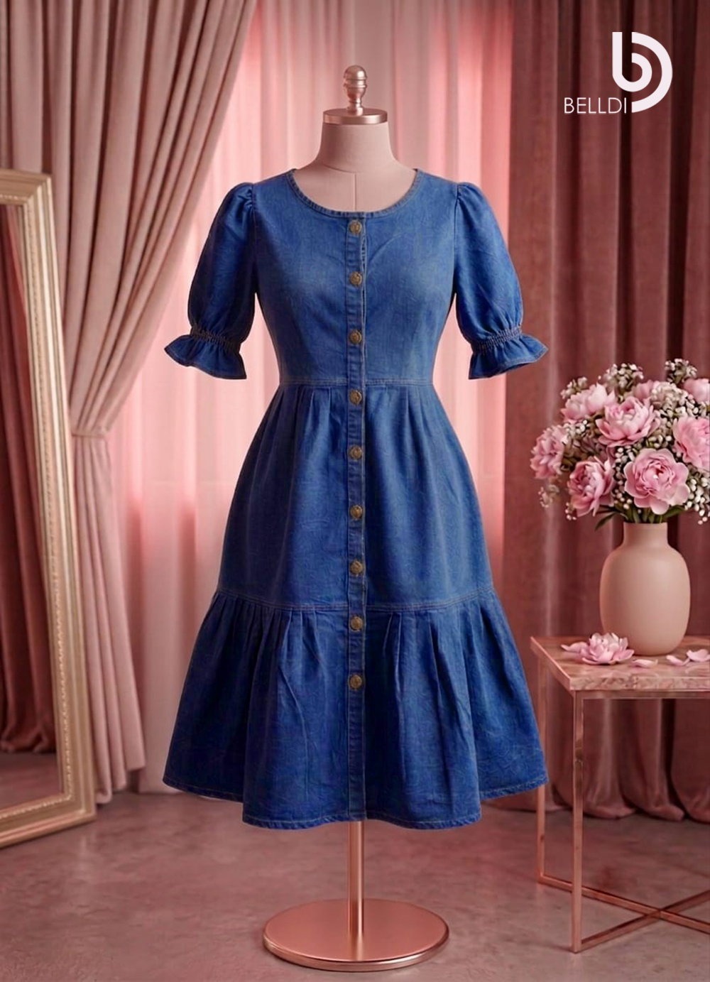 DENIM BUTTON FRONT MIDI DRESS