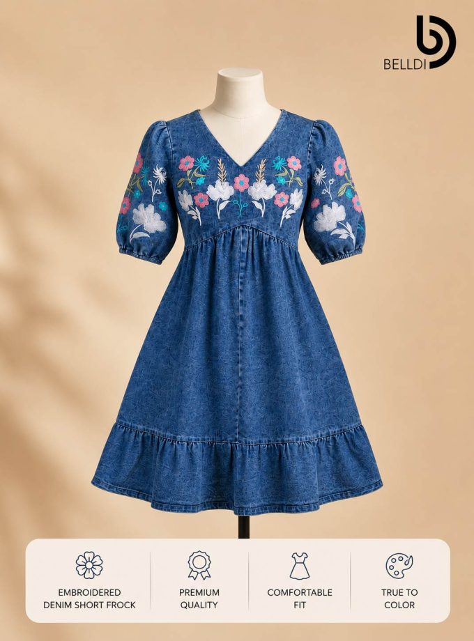 V NECK EMBROIDERED DENIM FROCK