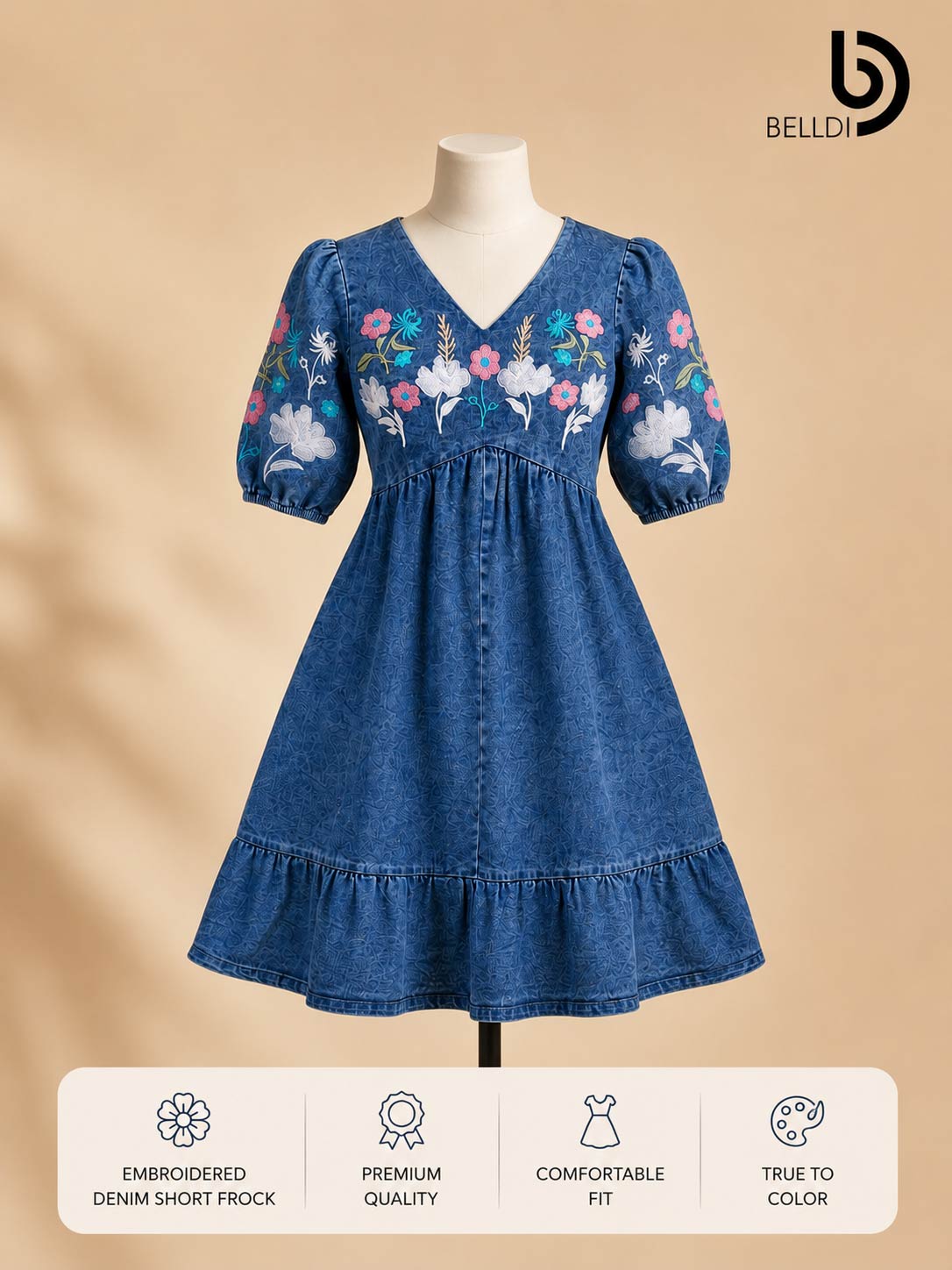V NECK EMBROIDERED DENIM FROCK - Image 2