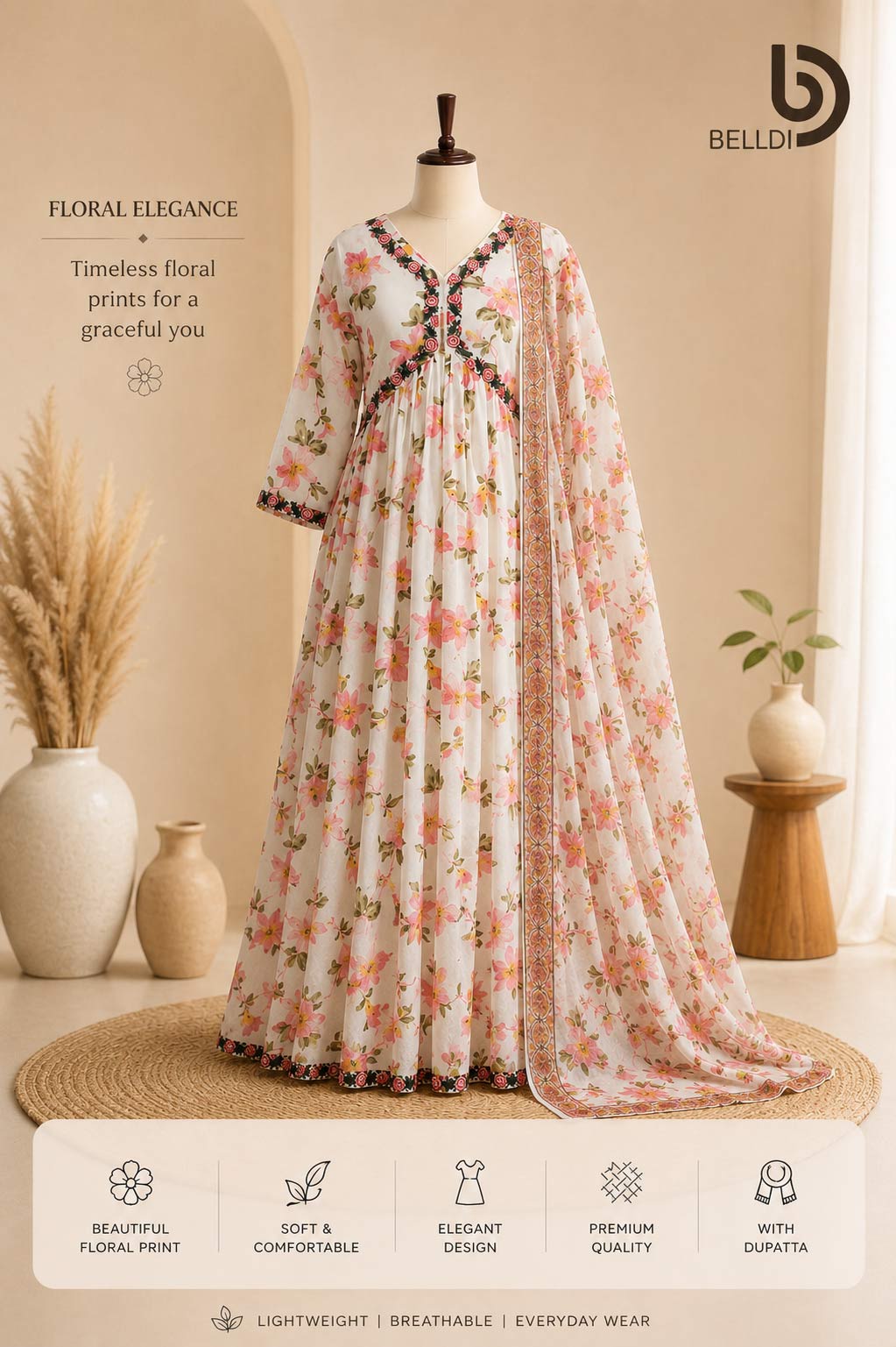 FLORAL PRINTED SALWAR DRESS WITH SHAWL - Image 2