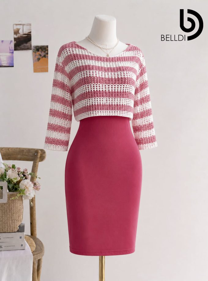 LONG SLEEVE DARK PINK STRIPPED SHORT DRESS