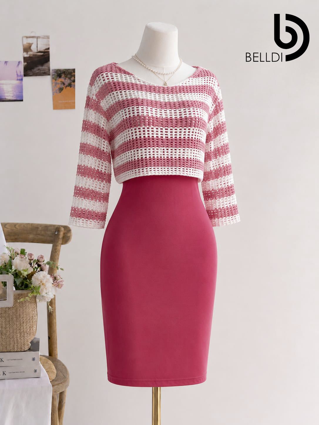 LONG SLEEVE DARK PINK STRIPPED SHORT DRESS