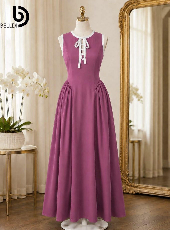SLEEVELESS LONG DRESS WITH WHITE TIE COLLAR