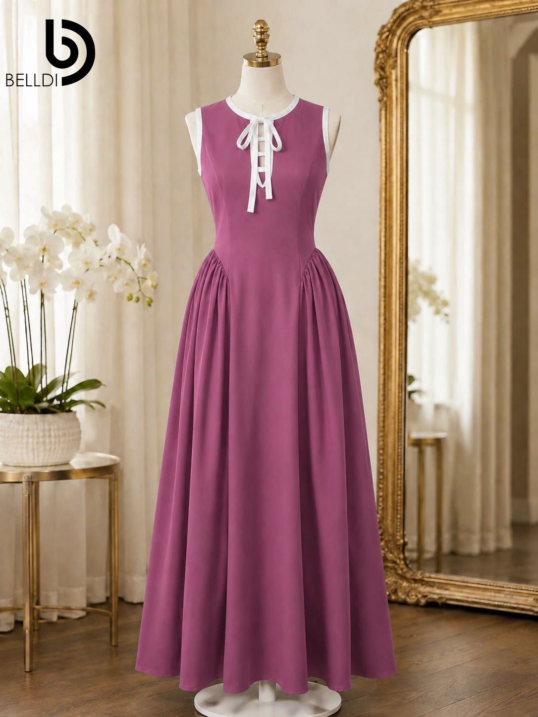 SLEEVELESS LONG DRESS WITH WHITE TIE COLLAR