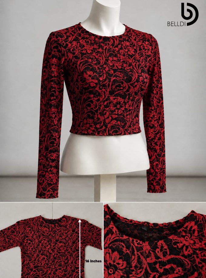 LACE LONG SLEEVE RED CROP TOP