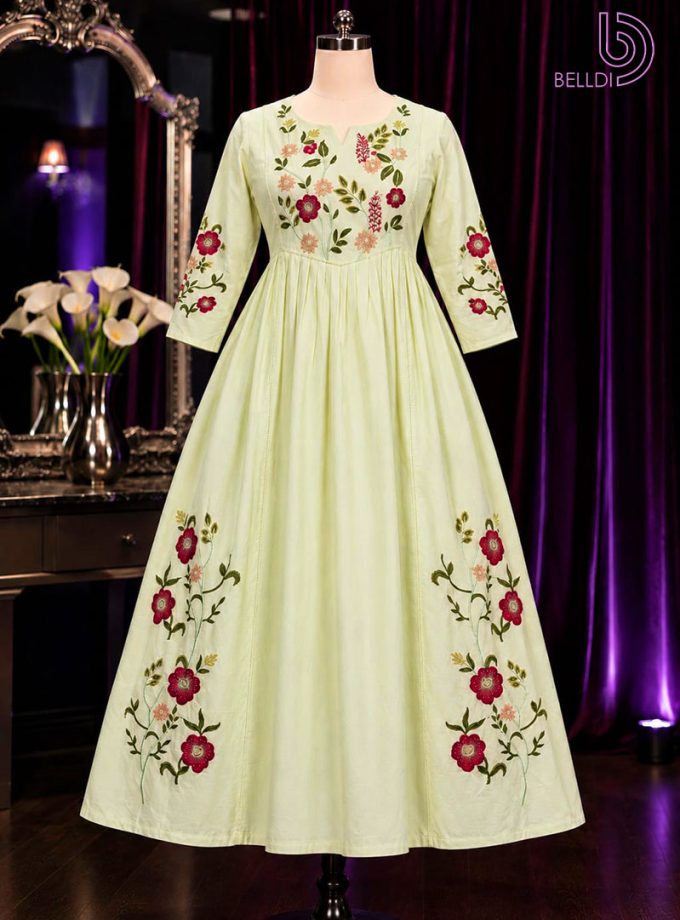 EMBROIDERED LIGHT CREAM YELLOW LONG FROCK