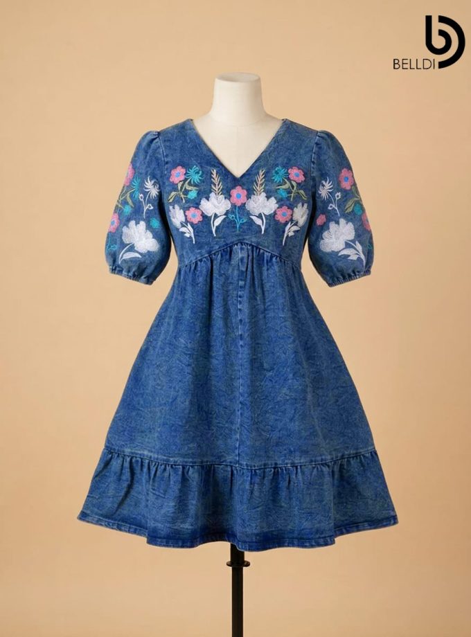 V NECK EMBROIDERED DENIM FROCK