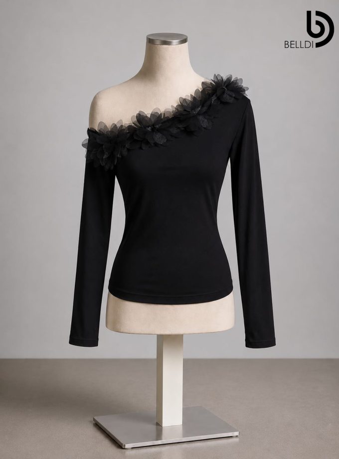 ONE SHOULDER LONG SLEEVE BLACK CROP TOP