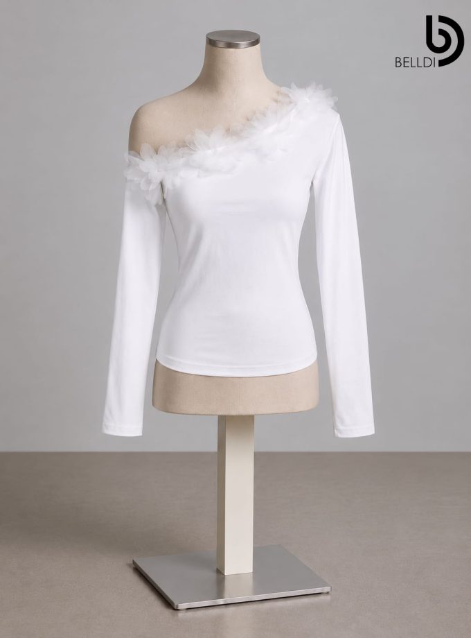 ONE SHOULDER LONG SLEEVE WHITE CROP TOP