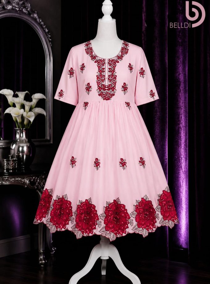 V NECK FLORAL EMBROIDERED SHORT FROCK