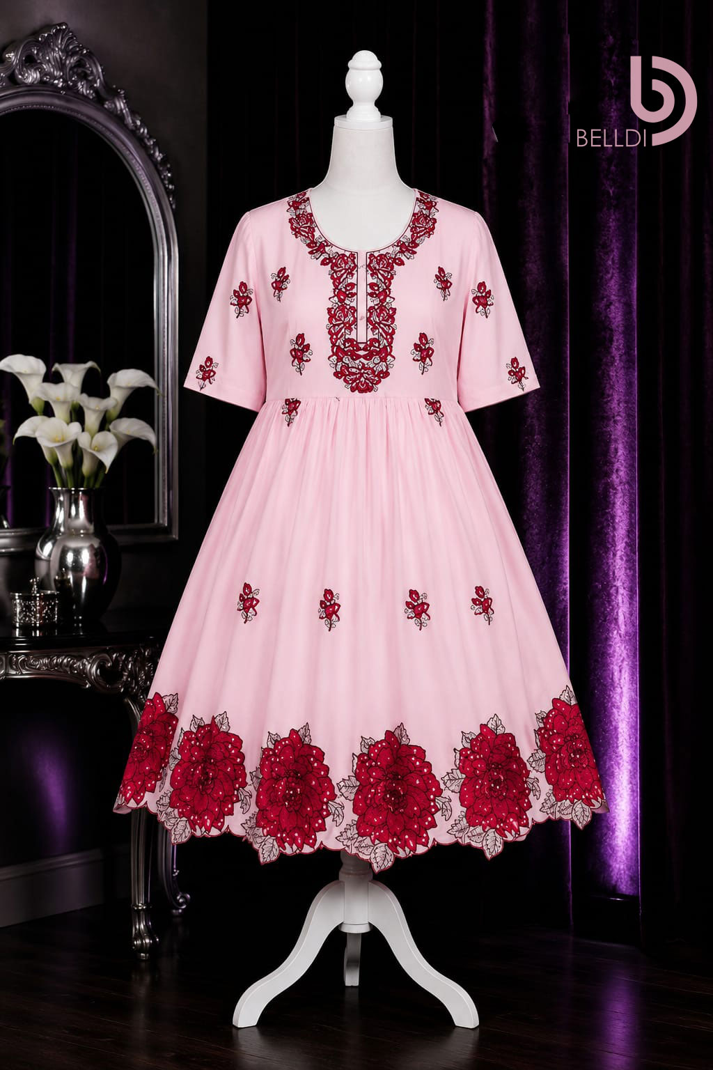 V NECK FLORAL EMBROIDERED SHORT FROCK
