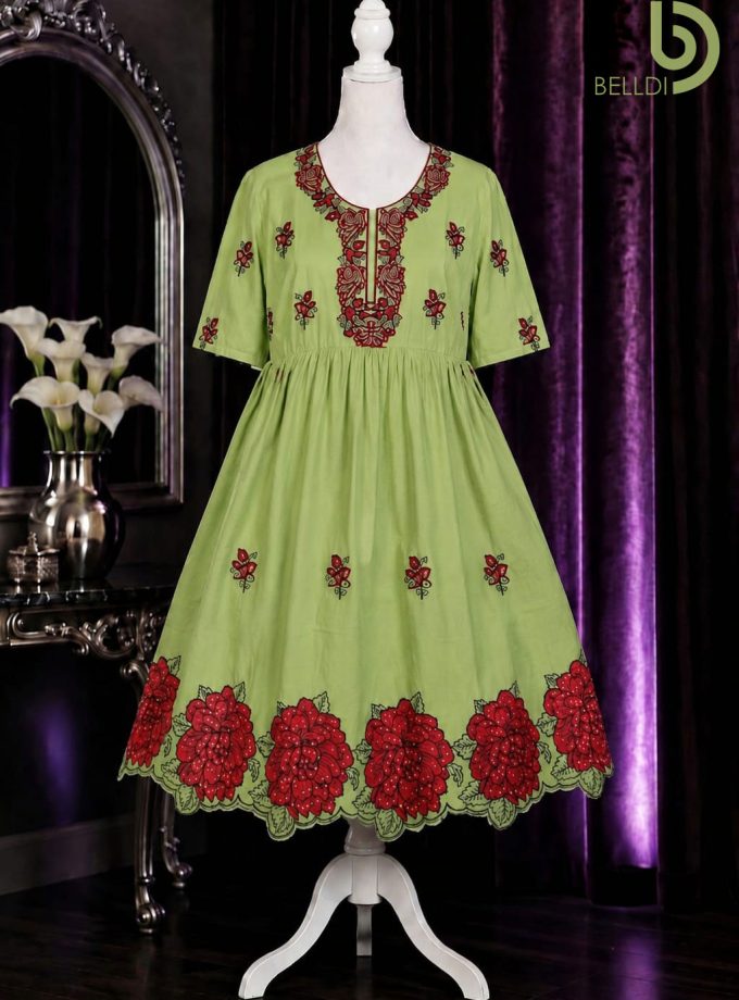V NECK FLORAL EMBROIDERED SHORT FROCK