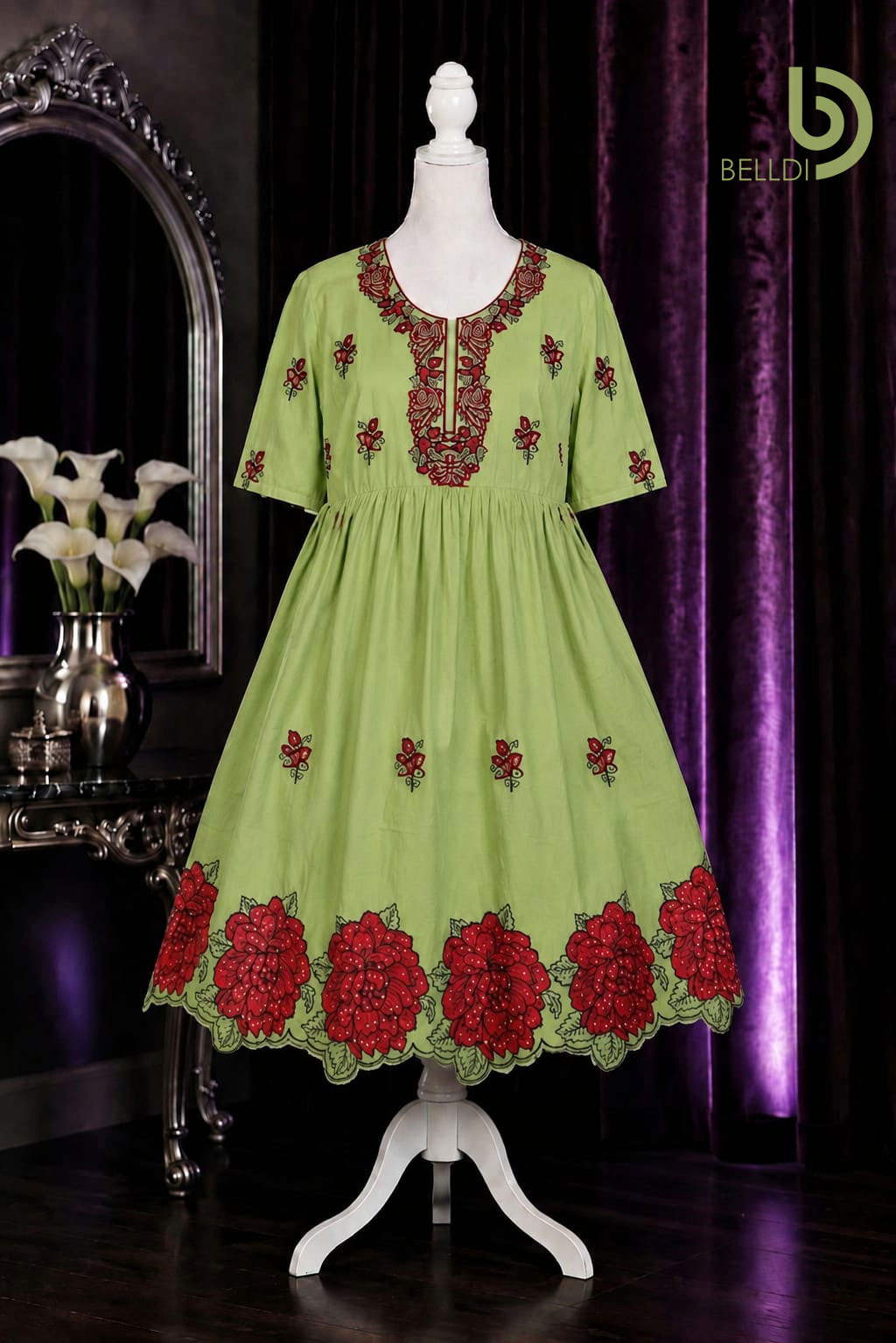 V NECK FLORAL EMBROIDERED SHORT FROCK