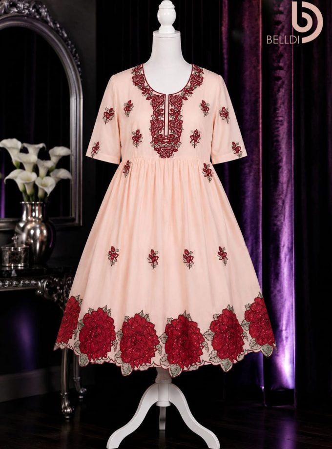 V NECK FLORAL EMBROIDERED SHORT FROCK