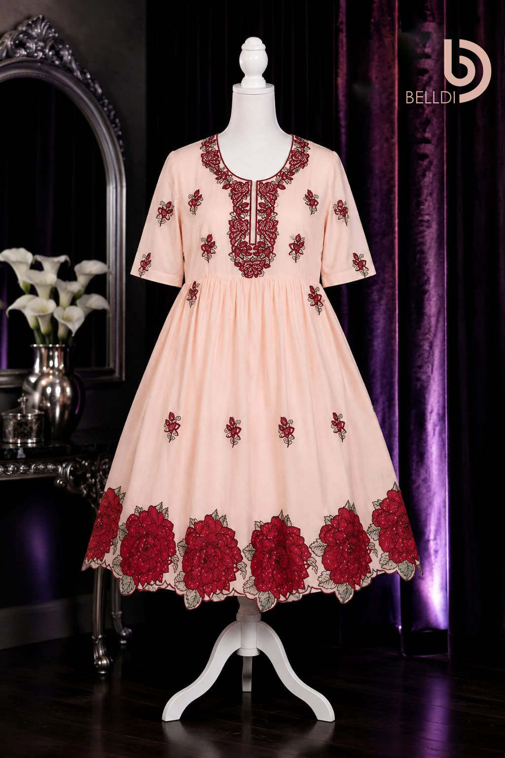 V NECK FLORAL EMBROIDERED SHORT FROCK