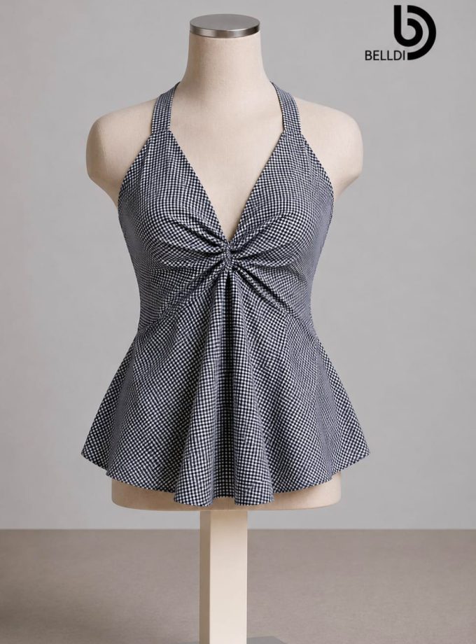 GINGHAM HALTER PEPLUM TOP