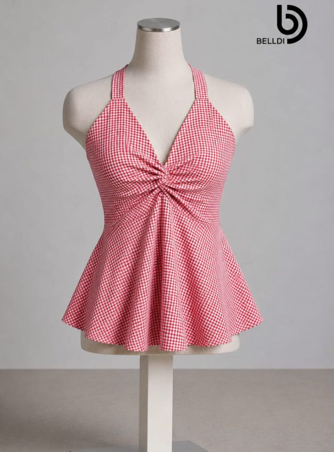 GINGHAM HALTER PEPLUM TOP