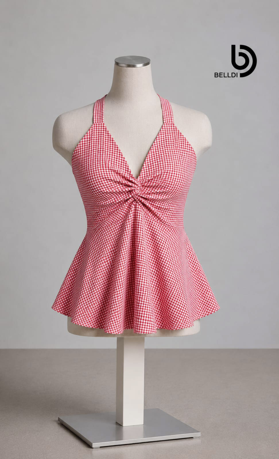 GINGHAM HALTER PEPLUM TOP