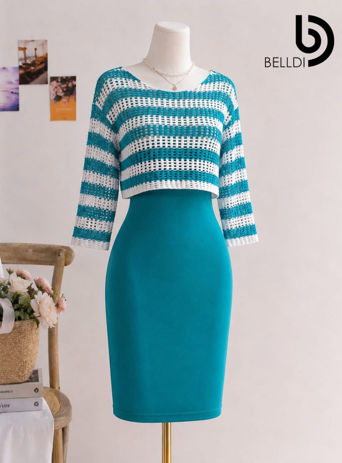 LONG SLEEVE BLUE STRIPPED SHORT DRESS