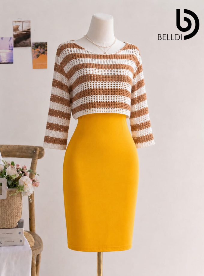 LONG SLEEVE BROWN STRIPPED SHORT DRESS