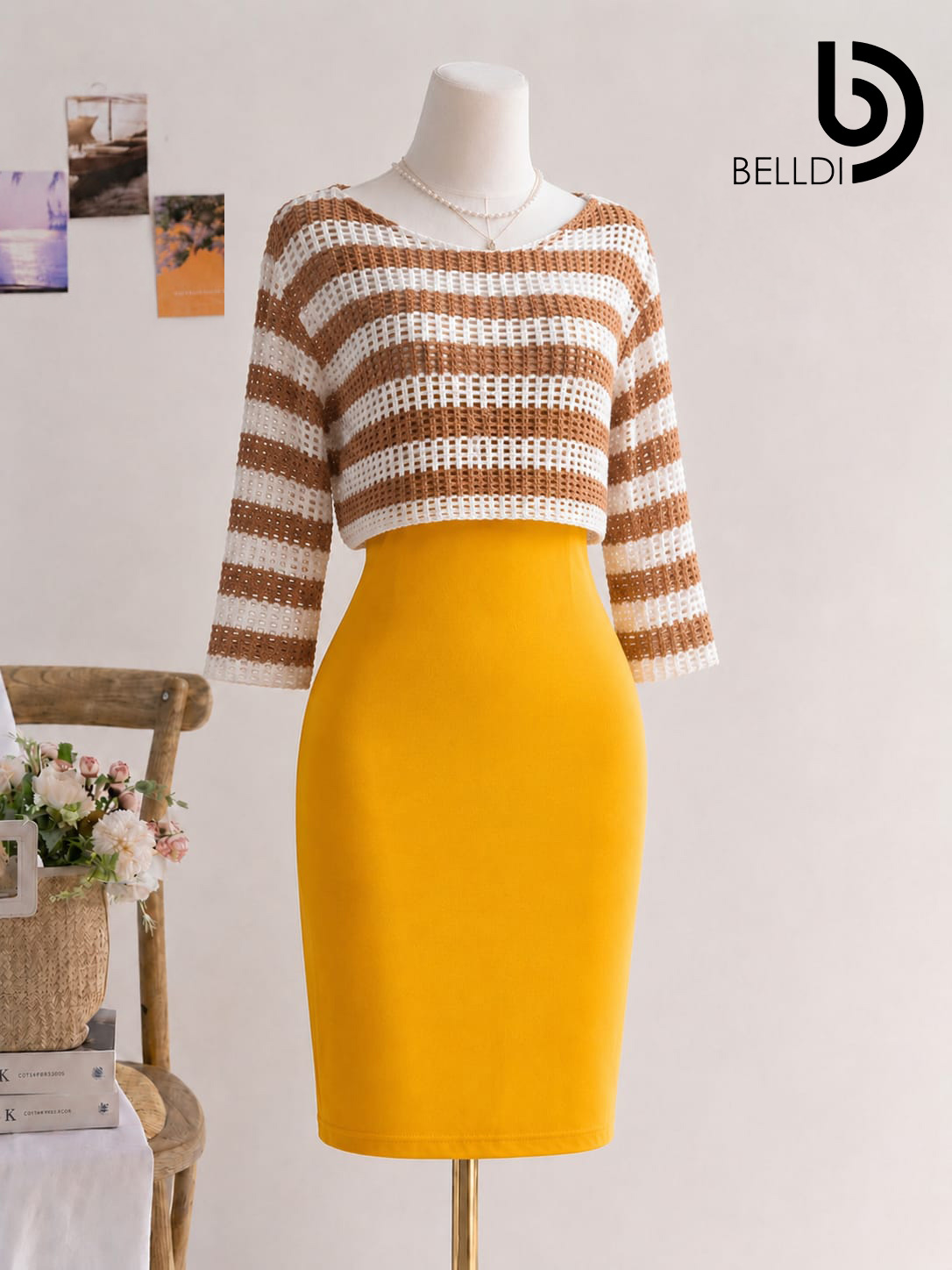 LONG SLEEVE BROWN STRIPPED SHORT DRESS