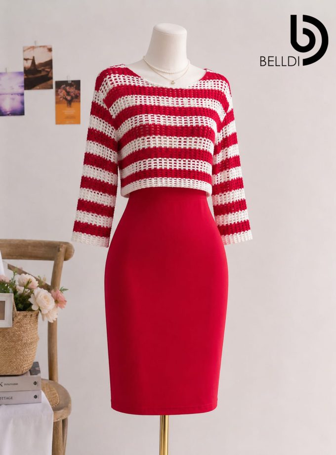 LONG SLEEVE RED STRIPPED SHORT DRESS