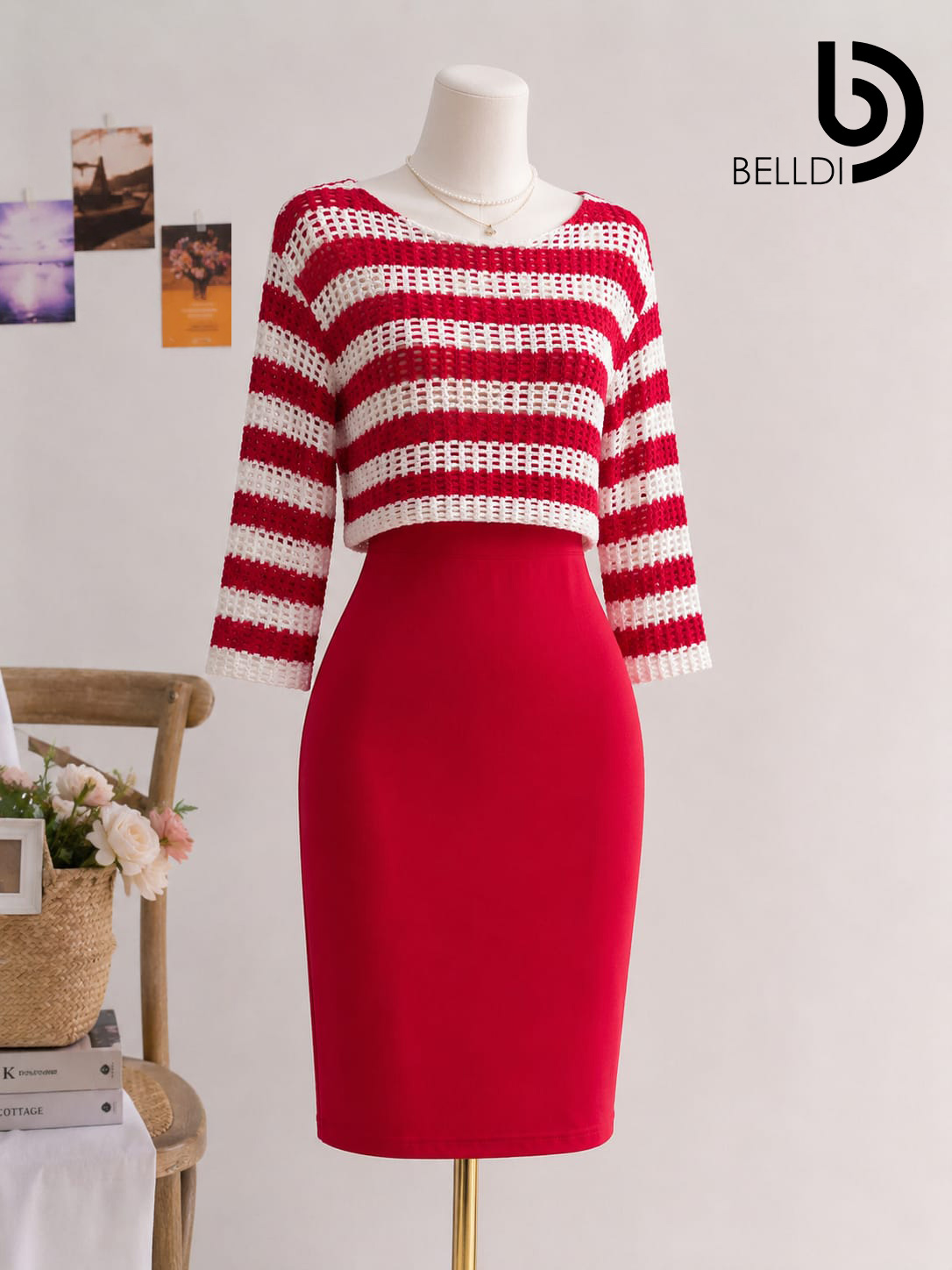 LONG SLEEVE RED STRIPPED SHORT DRESS