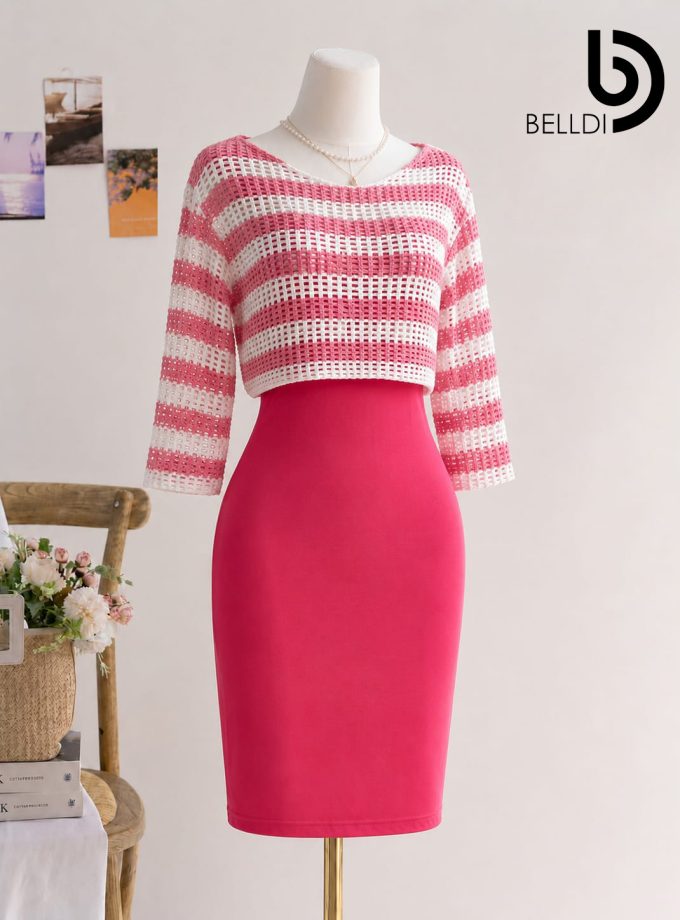 LONG SLEEVE LIGHT PINK STRIPPED SHORT DRESS