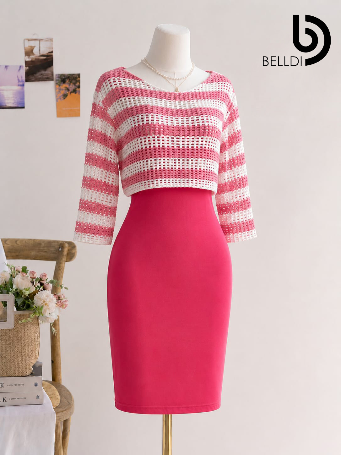 LONG SLEEVE LIGHT PINK STRIPPED SHORT DRESS