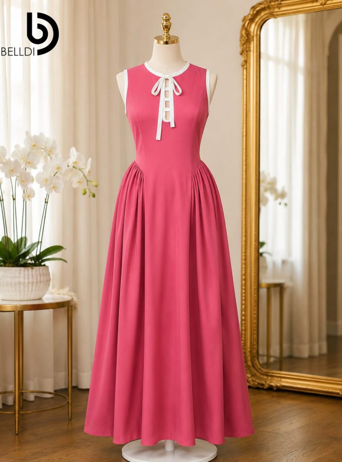 SLEEVELESS LONG DRESS WITH WHITE TIE COLLAR