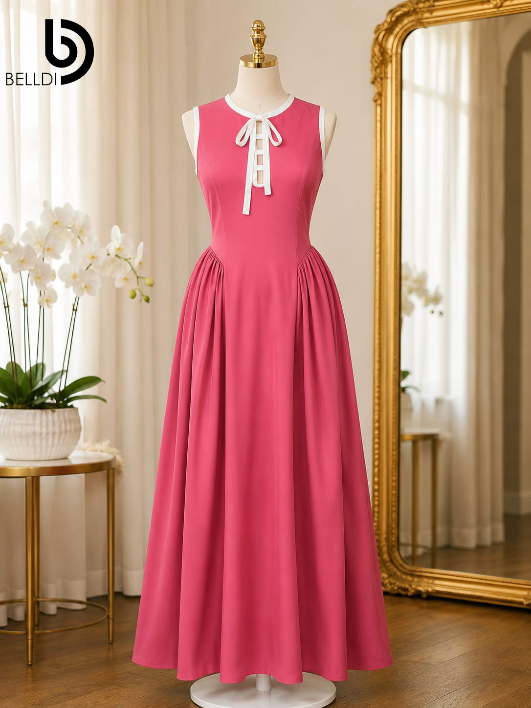 SLEEVELESS LONG DRESS WITH WHITE TIE COLLAR