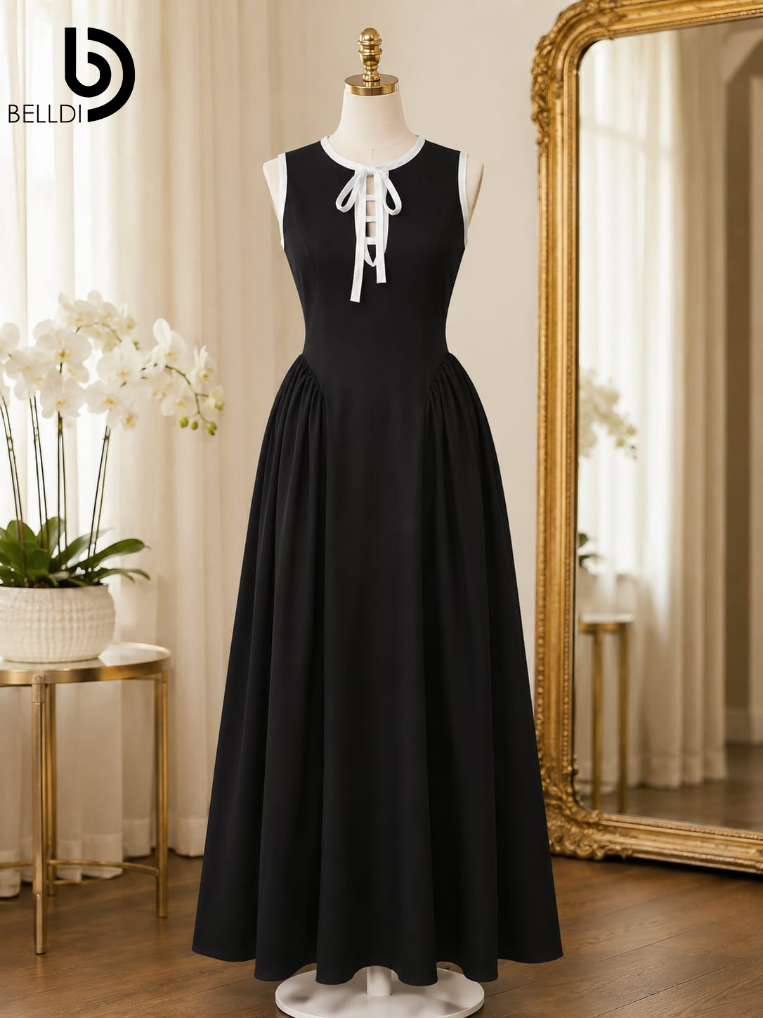 SLEEVELESS LONG DRESS WITH WHITE TIE COLLAR